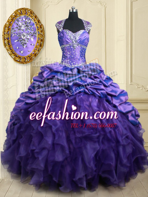 Nice Pick Ups Brush Train Ball Gowns Sweet 16 Quinceanera Dress Purple Straps Organza and Taffeta Cap Sleeves Lace Up