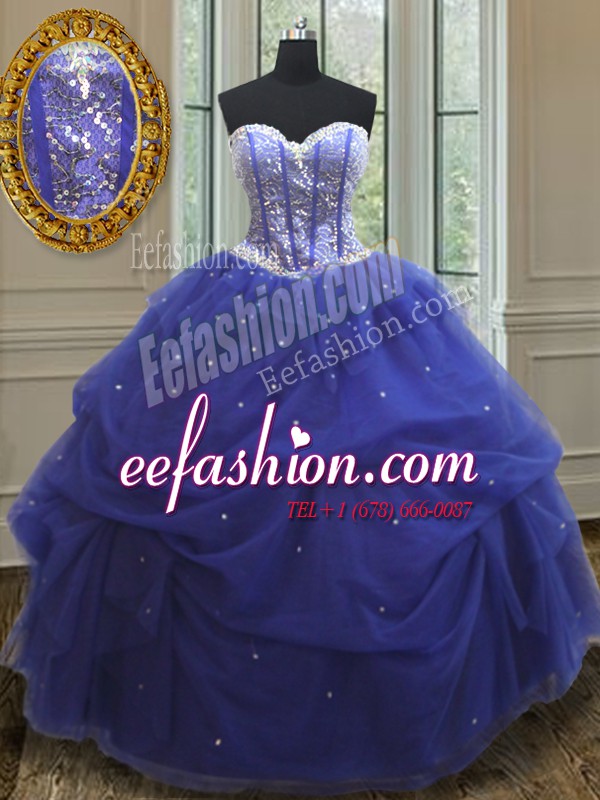 Amazing Beading and Sequins Sweet 16 Dresses Blue Lace Up Sleeveless Floor Length