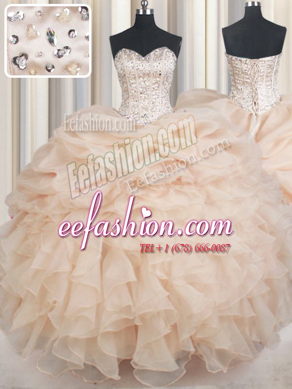 Great Sleeveless Lace Up Floor Length Beading and Ruffles and Pick Ups Sweet 16 Dresses