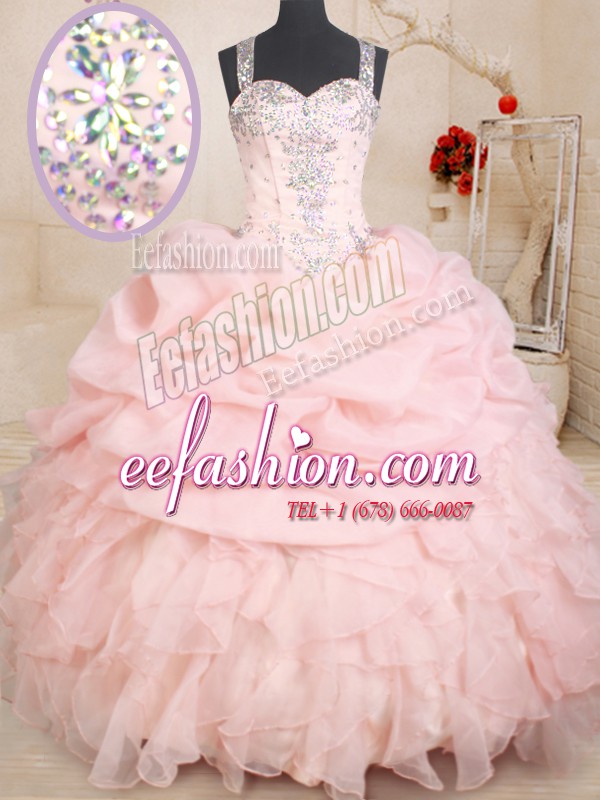 Beauteous Organza Straps Sleeveless Zipper Beading and Ruffles and Pick Ups Quinceanera Gowns in Baby Pink