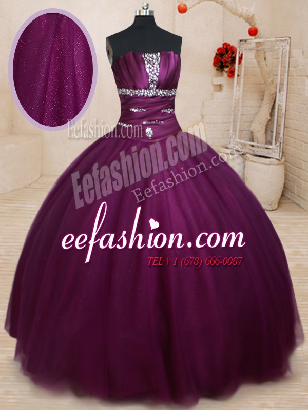 Fashionable Strapless Sleeveless Lace Up Quinceanera Dress Dark Purple Tulle