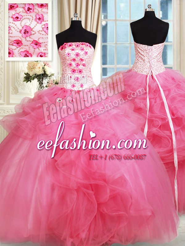 Hot Pink Tulle Lace Up Strapless Sleeveless Floor Length Sweet 16 Quinceanera Dress Beading and Appliques and Ruffles