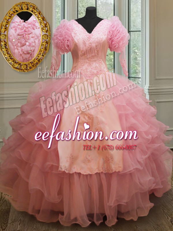 Shining Baby Pink Ball Gowns V-neck Half Sleeves Organza Floor Length Zipper Beading and Embroidery and Ruffled Layers Vestidos de Quinceanera