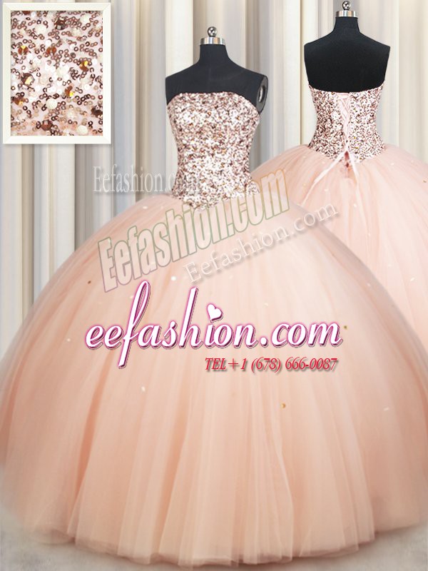  Peach Sleeveless Floor Length Beading Lace Up Quinceanera Dresses