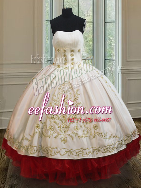 Perfect White and Red Organza and Taffeta Lace Up Strapless Sleeveless Floor Length Sweet 16 Dresses Beading and Embroidery and Ruffled Layers