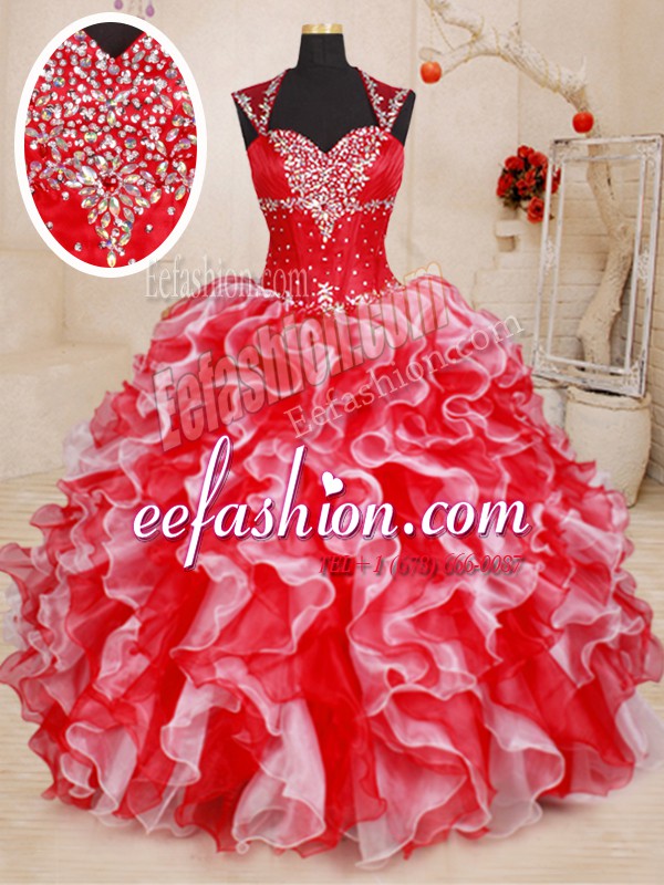  Straps Sleeveless Organza Floor Length Lace Up Quinceanera Dress in White and Red with Beading and Ruffles