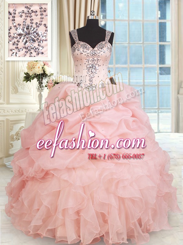 Fantastic Straps Baby Pink Ball Gowns Beading and Ruffles and Pick Ups Quinceanera Gown Zipper Organza Sleeveless Floor Length