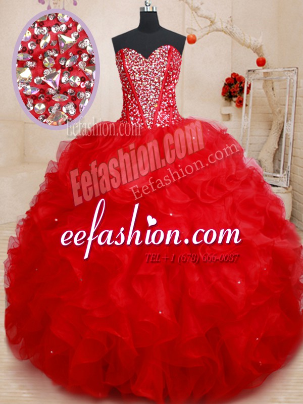  Ball Gowns Vestidos de Quinceanera Red Sweetheart Organza Sleeveless Floor Length Lace Up