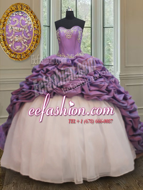 Fantastic Beading and Pick Ups 15th Birthday Dress White And Purple Lace Up Sleeveless With Train Court Train