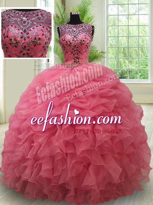 Exceptional Scoop See Through Floor Length Pink Quinceanera Dresses Organza Sleeveless Beading and Ruffles and Pick Ups