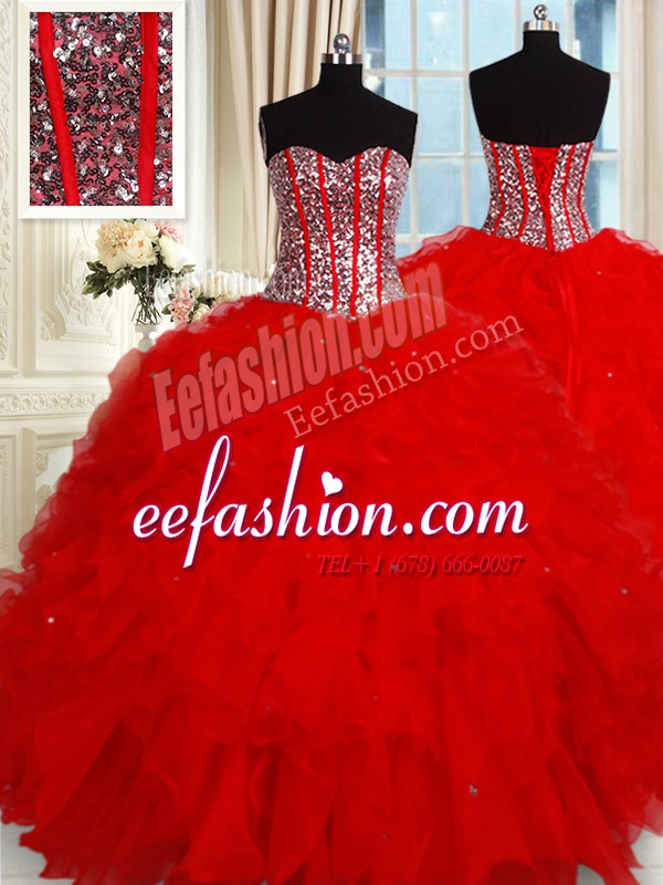 Wonderful Ruffles and Sequins 15 Quinceanera Dress Red Lace Up Sleeveless Floor Length