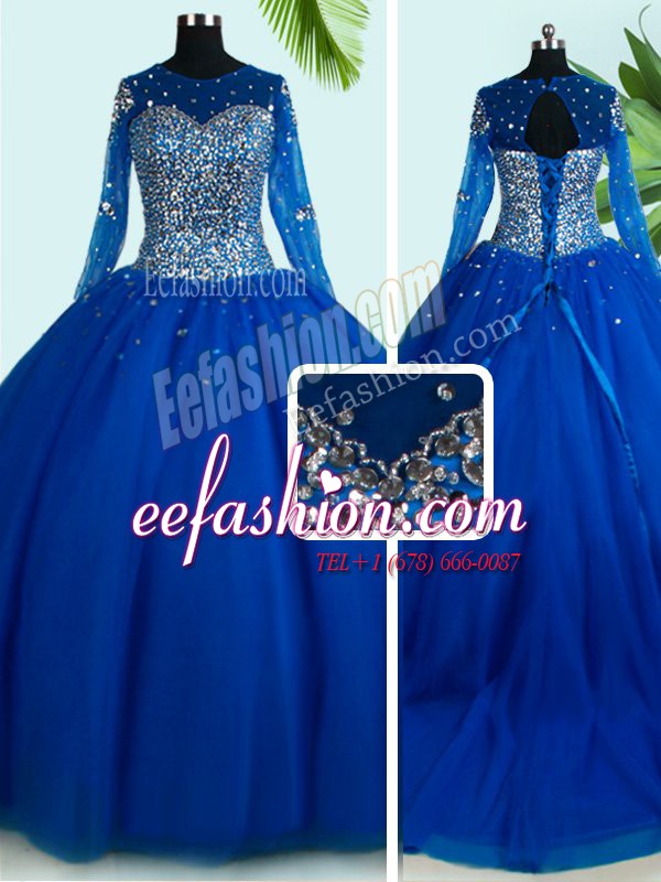 Discount Scoop Long Sleeves Brush Train Lace Up Sweet 16 Dress Royal Blue Tulle