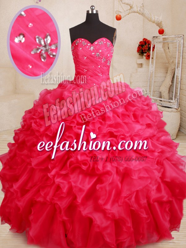 Coral Red Organza Lace Up Quinceanera Gown Sleeveless Floor Length Beading and Ruffles