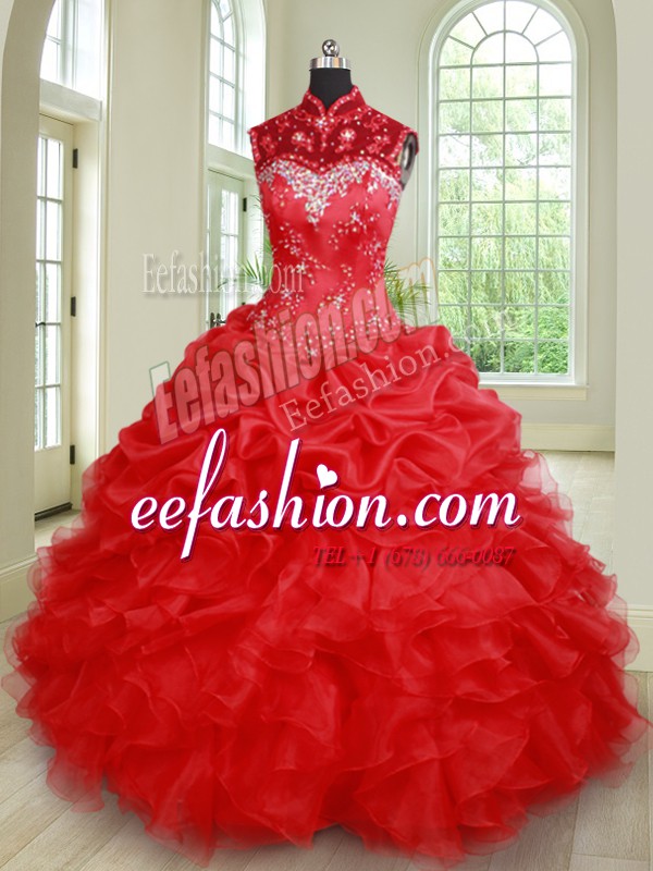Elegant See Through High-neck Sleeveless Organza Ball Gown Prom Dress Beading and Ruffles and Pick Ups Lace Up