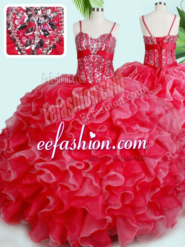  Red Ball Gowns Spaghetti Straps Sleeveless Organza Floor Length Lace Up Beading and Ruffles 15 Quinceanera Dress