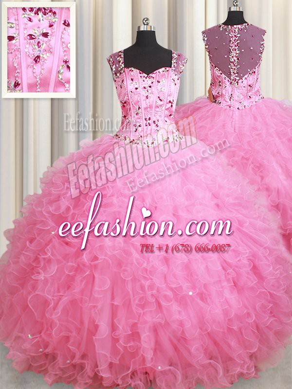 Sexy Rose Pink 15th Birthday Dress Military Ball and Sweet 16 and Quinceanera and For with Beading and Ruffles Straps Sleeveless Zipper
