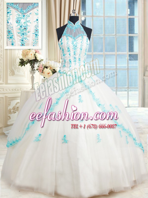  Halter Top Sleeveless Beading and Appliques Lace Up 15th Birthday Dress