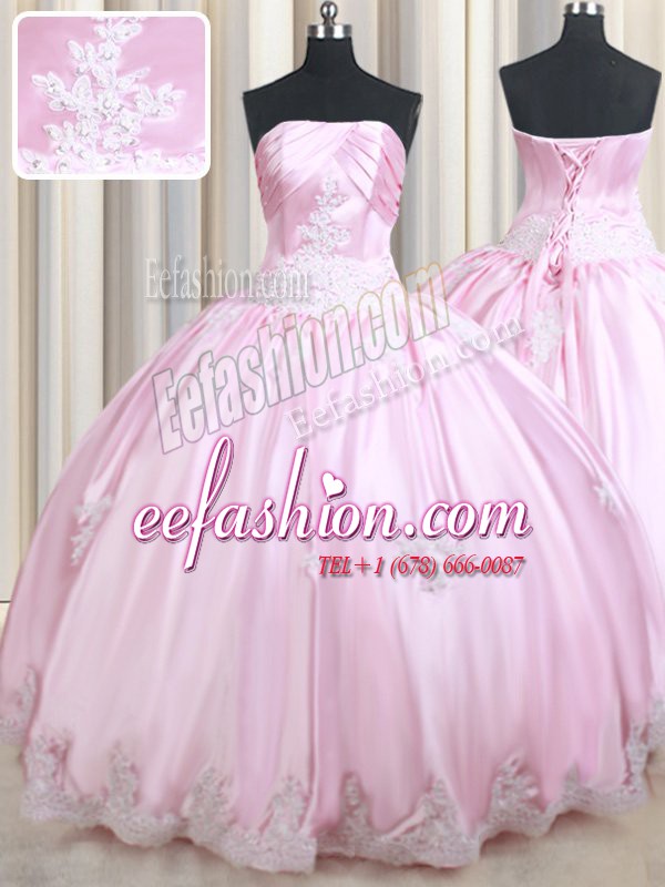 Suitable Baby Pink Taffeta Lace Up Strapless Sleeveless Floor Length Ball Gown Prom Dress Appliques