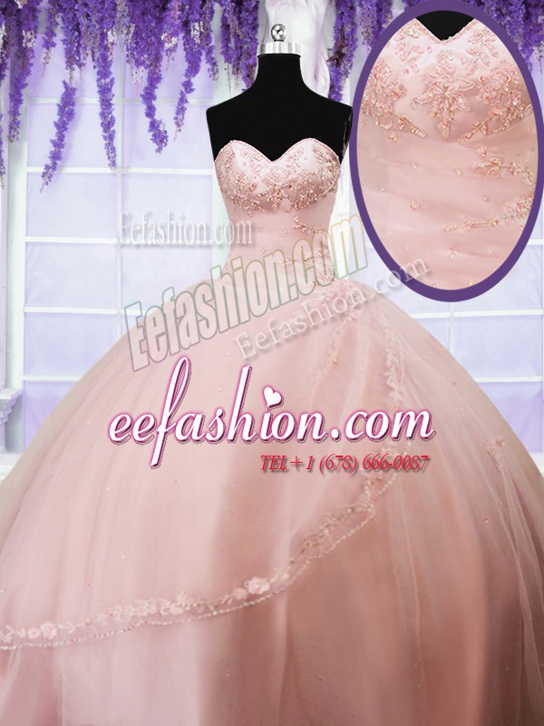  Baby Pink Sweetheart Neckline Beading and Appliques Quinceanera Dresses Sleeveless Lace Up