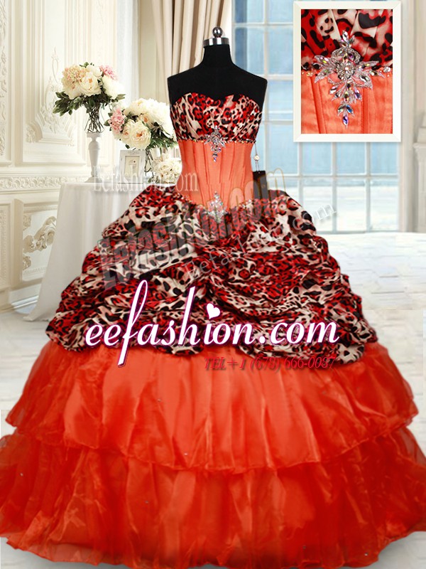 Elegant Beading Quinceanera Dresses Orange Red Lace Up Sleeveless Brush Train