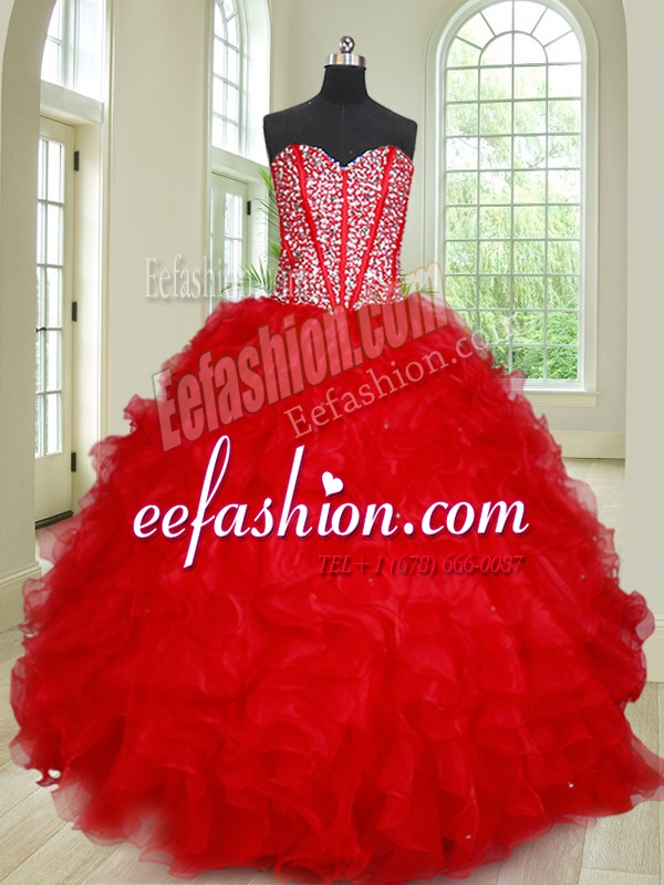 Extravagant Red Sleeveless Beading and Ruffles Floor Length Quinceanera Gowns