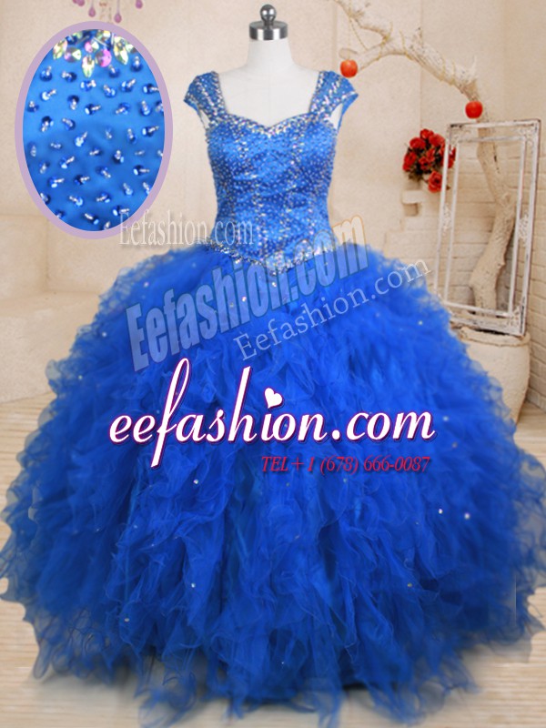  Floor Length Blue Sweet 16 Dresses Straps Cap Sleeves Lace Up