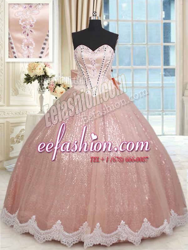 Modest Peach Quinceanera Dress Military Ball and Sweet 16 and Quinceanera and For with Beading and Lace and Bowknot Sweetheart Sleeveless Lace Up