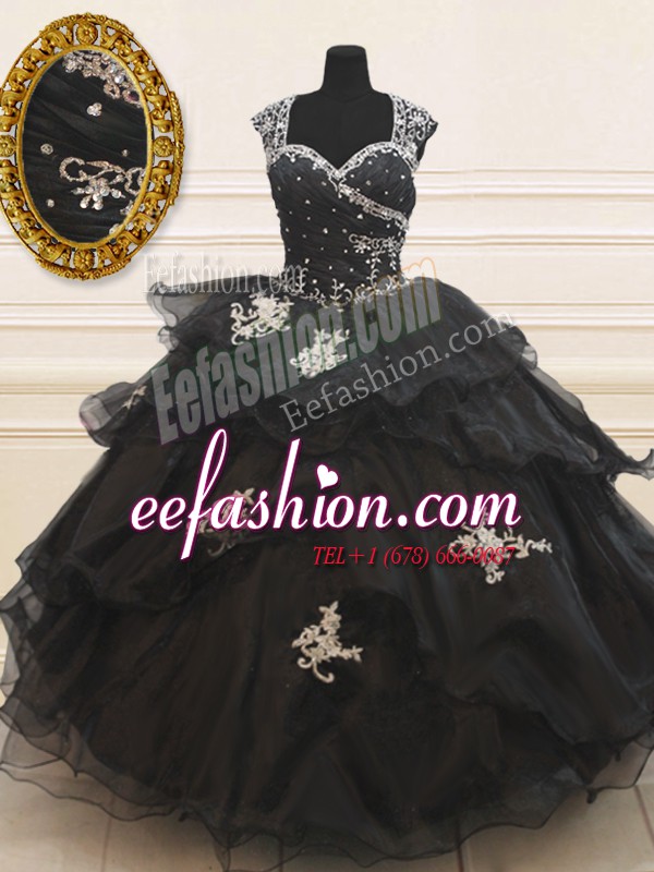 Classical Cap Sleeves Floor Length Beading and Appliques and Ruffles Zipper 15 Quinceanera Dress with Black
