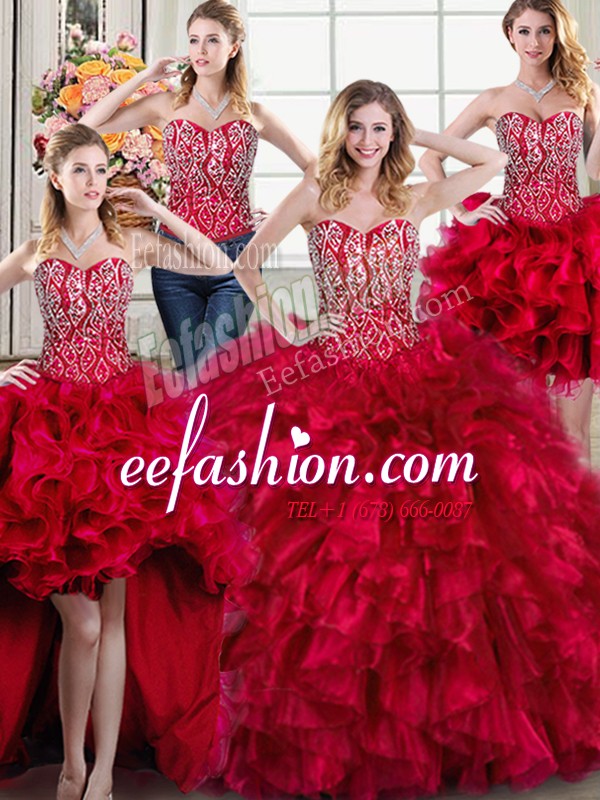 Classical Four Piece Sweetheart Sleeveless Brush Train Lace Up Quince Ball Gowns Red Organza