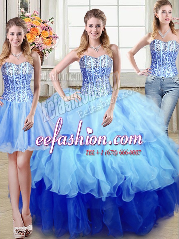 Wonderful Three Piece Floor Length Lace Up Sweet 16 Dresses Multi-color for Military Ball and Sweet 16 and Quinceanera with Ruffles and Sequins