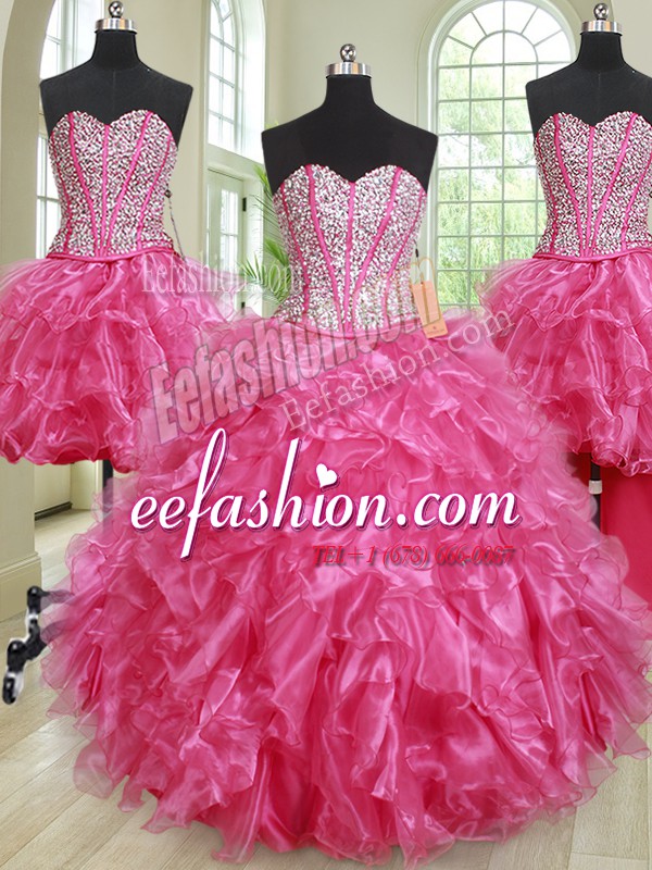 Sweet Four Piece Hot Pink Ball Gowns Sweetheart Sleeveless Organza Floor Length Lace Up Beading and Ruffles Quinceanera Dress