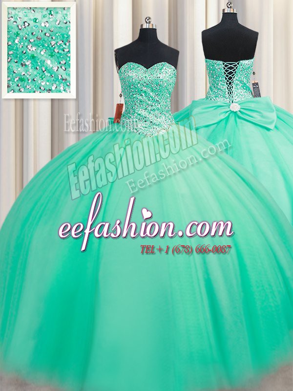 Chic Sweetheart Sleeveless Lace Up Ball Gown Prom Dress Turquoise Tulle
