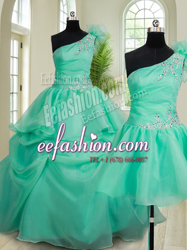  Three Piece Turquoise One Shoulder Neckline Beading and Hand Made Flower Sweet 16 Dress Sleeveless Lace Up