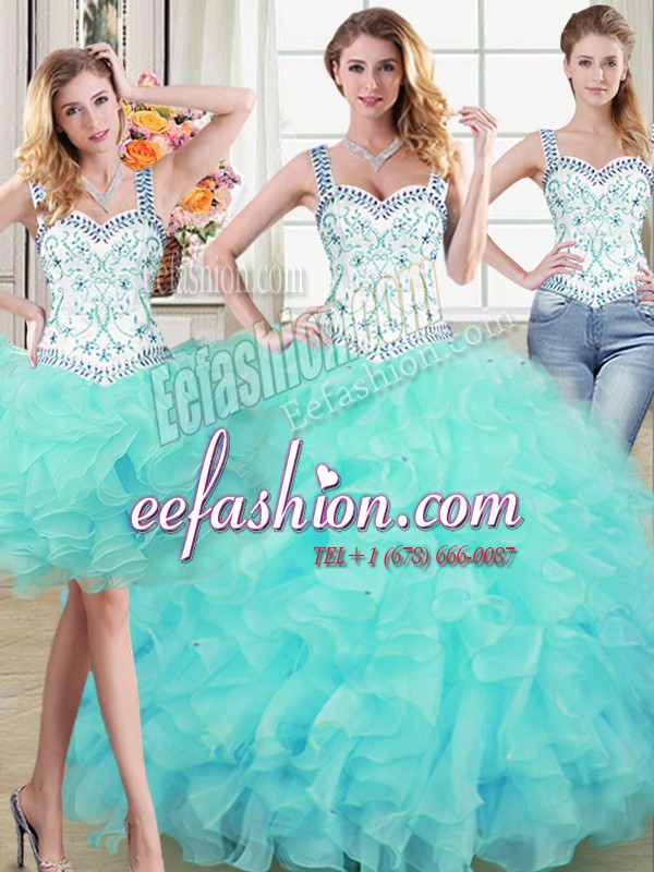  Three Piece Straps Floor Length Ball Gowns Sleeveless Aqua Blue Ball Gown Prom Dress Lace Up