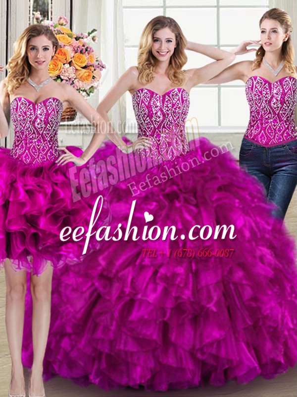 Simple Three Piece Sweetheart Sleeveless Organza Quinceanera Gown Beading and Ruffles Brush Train Lace Up