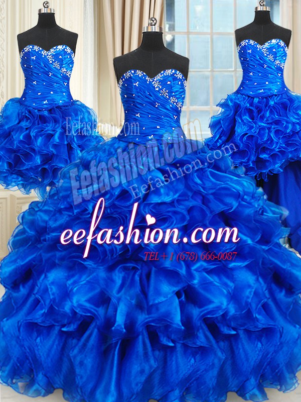 High Quality Four Piece Beading and Ruffles Quince Ball Gowns Royal Blue Lace Up Sleeveless Floor Length