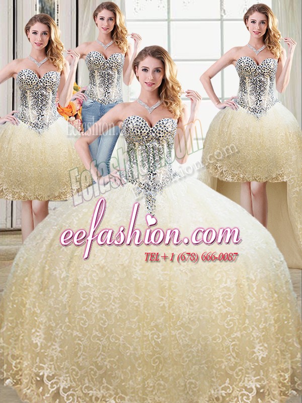 Smart Four Piece Sleeveless Floor Length Beading and Lace Lace Up 15th Birthday Dress with Champagne
