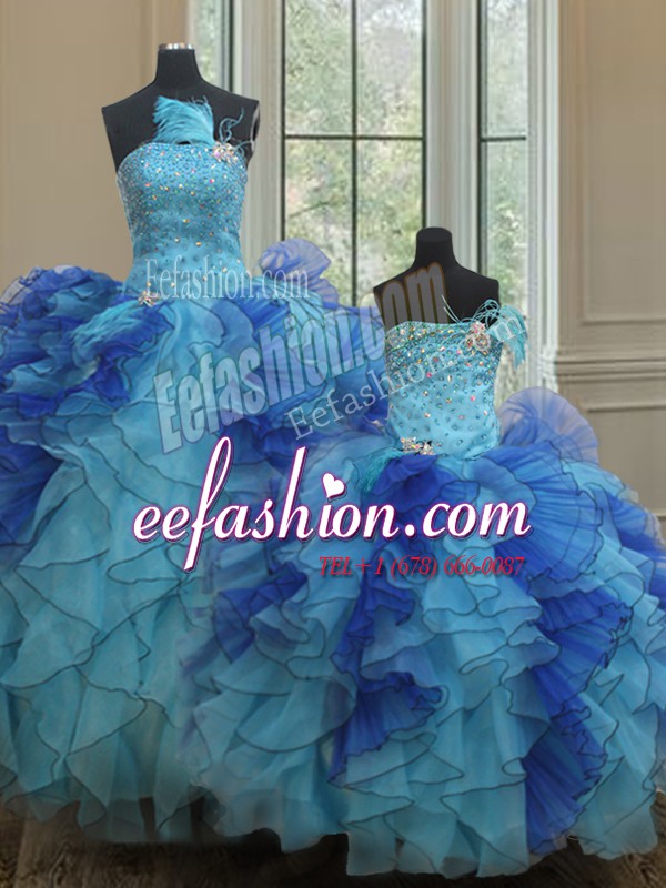 Noble Ball Gowns Quinceanera Dress Blue Strapless Organza Sleeveless Floor Length Lace Up