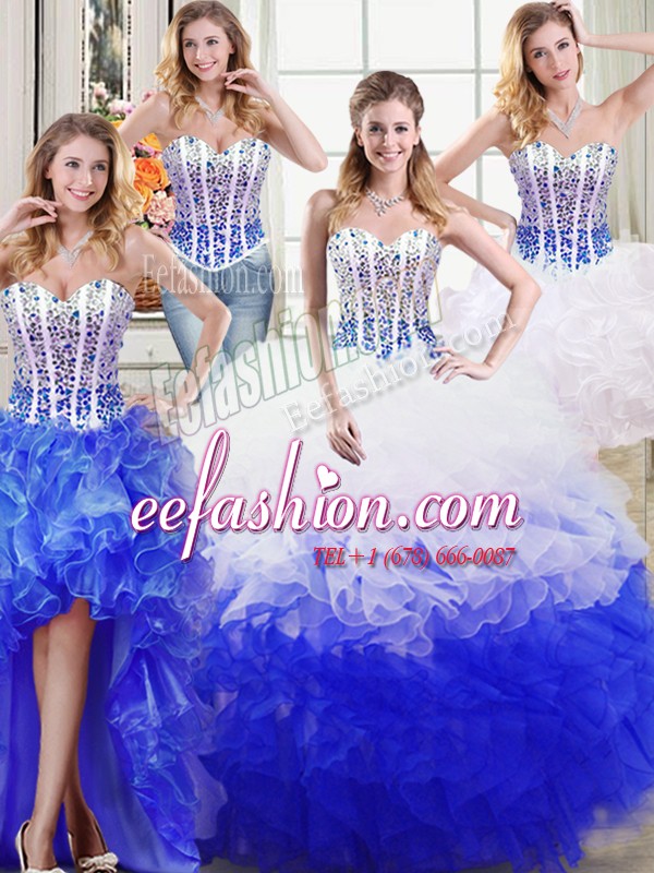 Pretty Four Piece Floor Length Ball Gowns Sleeveless White and Blue Sweet 16 Quinceanera Dress Lace Up