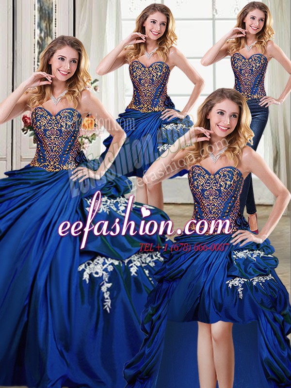  Four Piece Royal Blue Ball Gowns Sweetheart Sleeveless Taffeta Floor Length Lace Up Beading and Appliques and Pick Ups 15th Birthday Dress