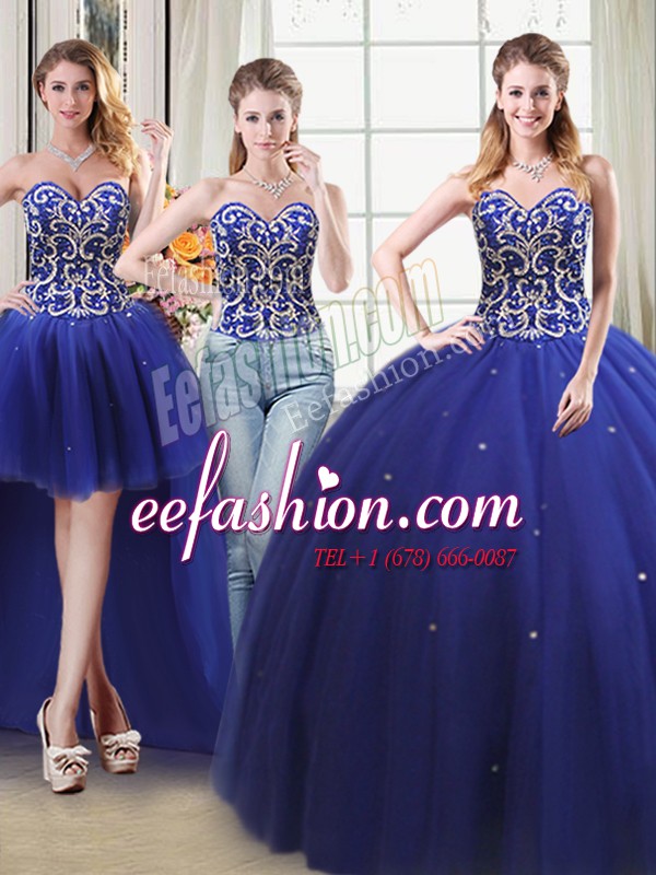  Four Piece Royal Blue Tulle Lace Up 15th Birthday Dress Sleeveless Floor Length Beading