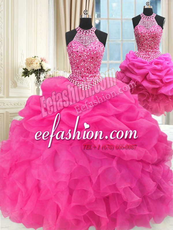 Free and Easy Three Piece Hot Pink Ball Gowns Halter Top Sleeveless Organza Floor Length Lace Up Beading and Ruffles and Pick Ups 15 Quinceanera Dress