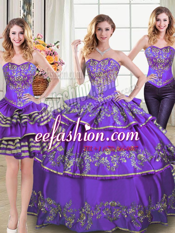  Three Piece Sleeveless Taffeta Floor Length Lace Up Quinceanera Gown in Eggplant Purple with Embroidery and Ruffled Layers