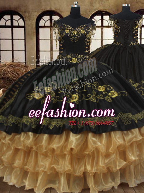 Fabulous Off the Shoulder Black Sleeveless Beading and Embroidery and Ruffled Layers Floor Length Quinceanera Dress