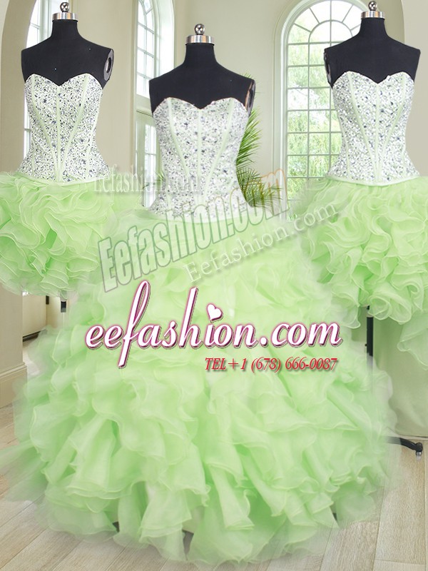  Four Piece Sweetheart Sleeveless Lace Up Ball Gown Prom Dress Yellow Green Organza