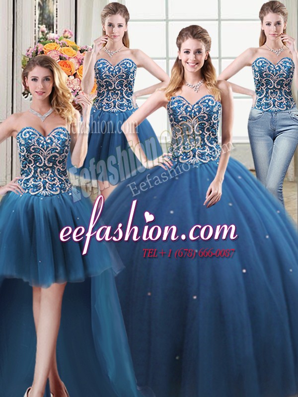 Classical Four Piece Ball Gowns Sweet 16 Dress Teal Sweetheart Tulle Sleeveless Floor Length Lace Up