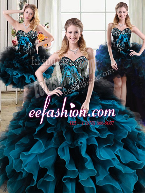 Custom Design Four Piece Black and Blue Sleeveless Beading and Ruffles and Hand Made Flower Floor Length 15th Birthday Dress
