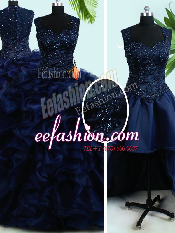 Stylish Four Piece Navy Blue Organza Zipper Straps Sleeveless Floor Length Quinceanera Gowns Beading and Ruffles