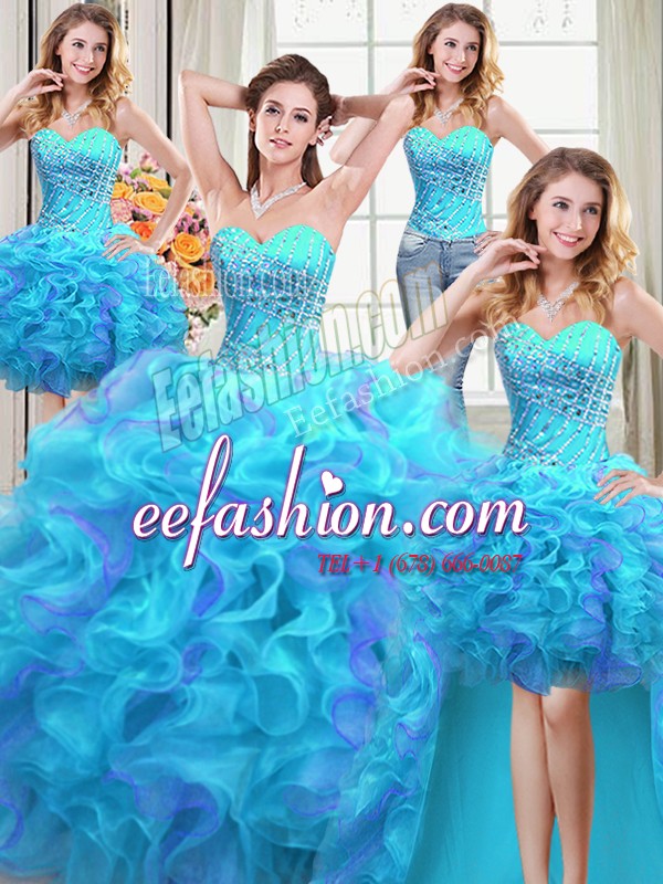  Four Piece Multi-color Ball Gowns Sweetheart Sleeveless Organza Floor Length Lace Up Beading and Ruffles Quinceanera Gown