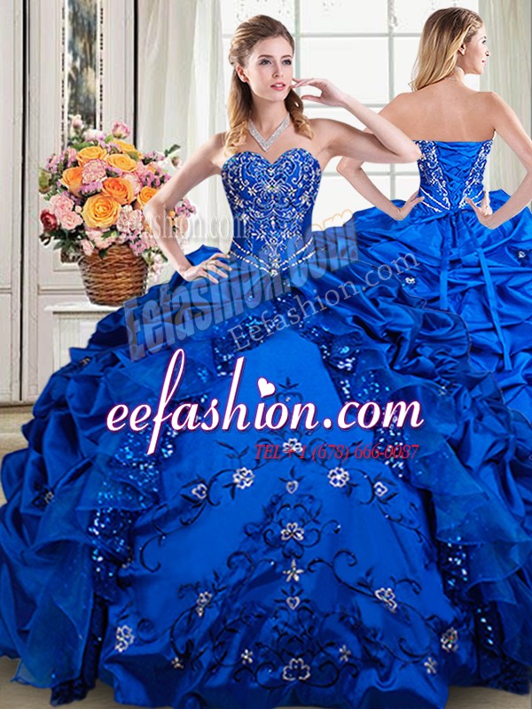  Beading and Embroidery and Pick Ups Vestidos de Quinceanera Royal Blue Lace Up Sleeveless Floor Length